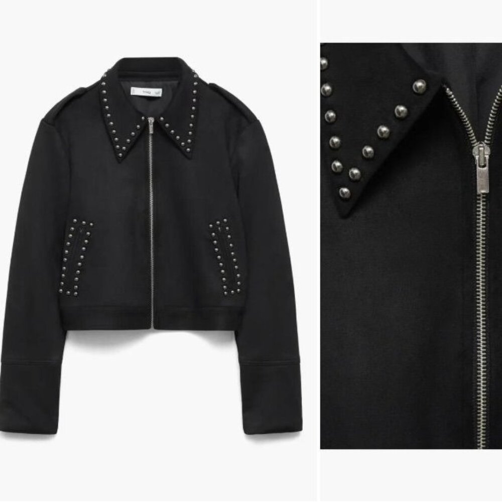 MANGO MNG Black Studded Cropped Moto Biker Jacket Zip Front Pockets NWT S